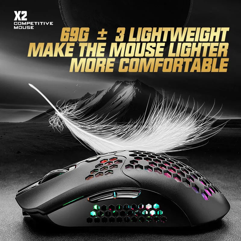 Free Wolf X2 wireless gaming mouse in black with RGB lighting, showing ergonomic shape and side buttons.