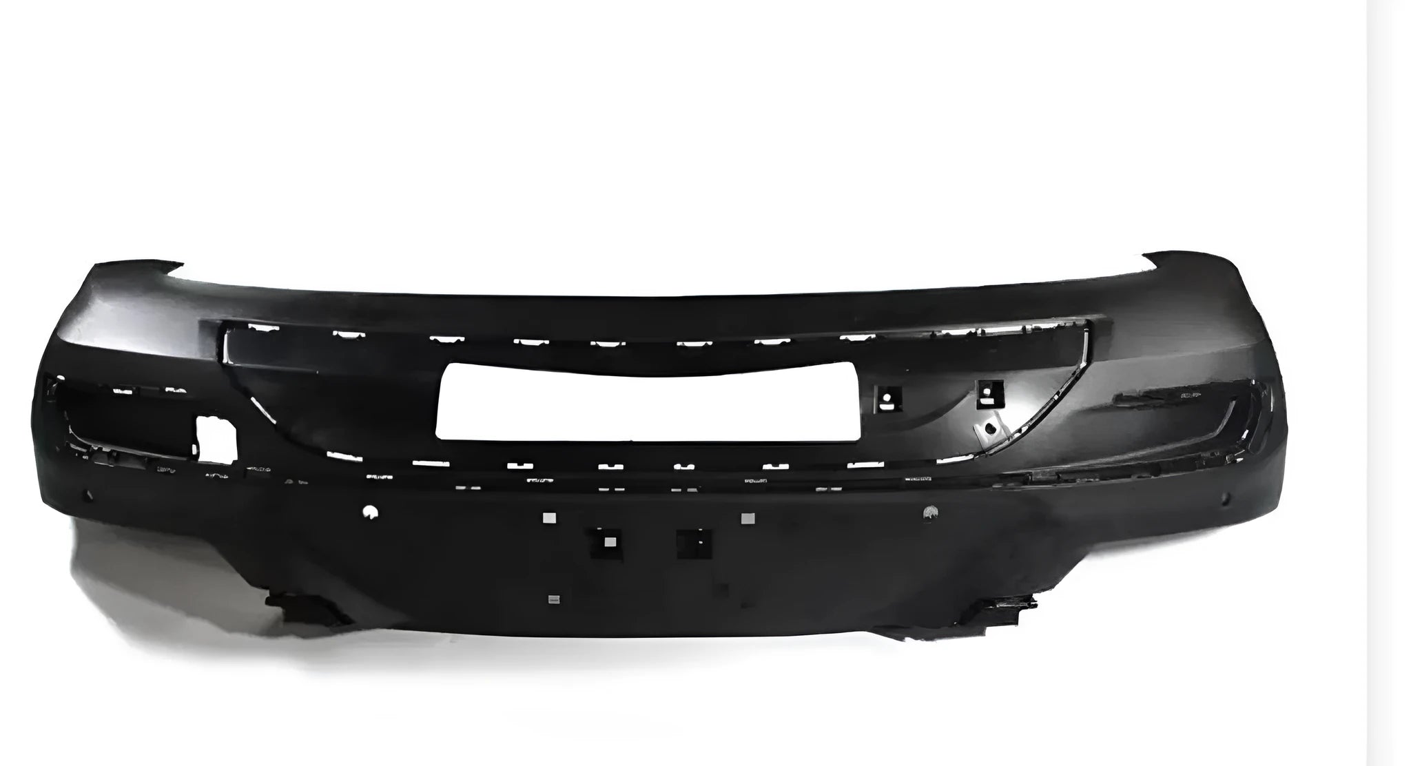 Black ABS plastic automotive front bumper with integrated mesh grille panel