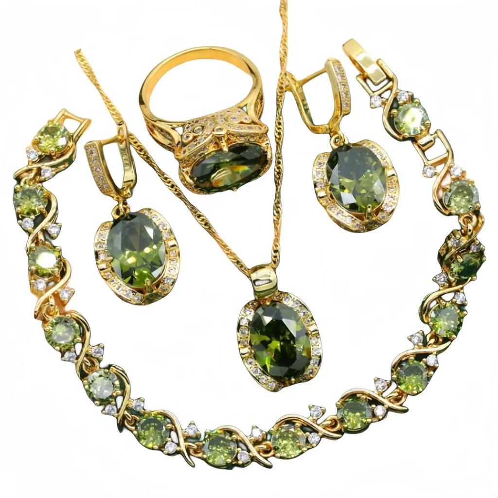 Full rhinestone zircon women's jewellery set with necklace, earrings, and ring on a snake bones chain.