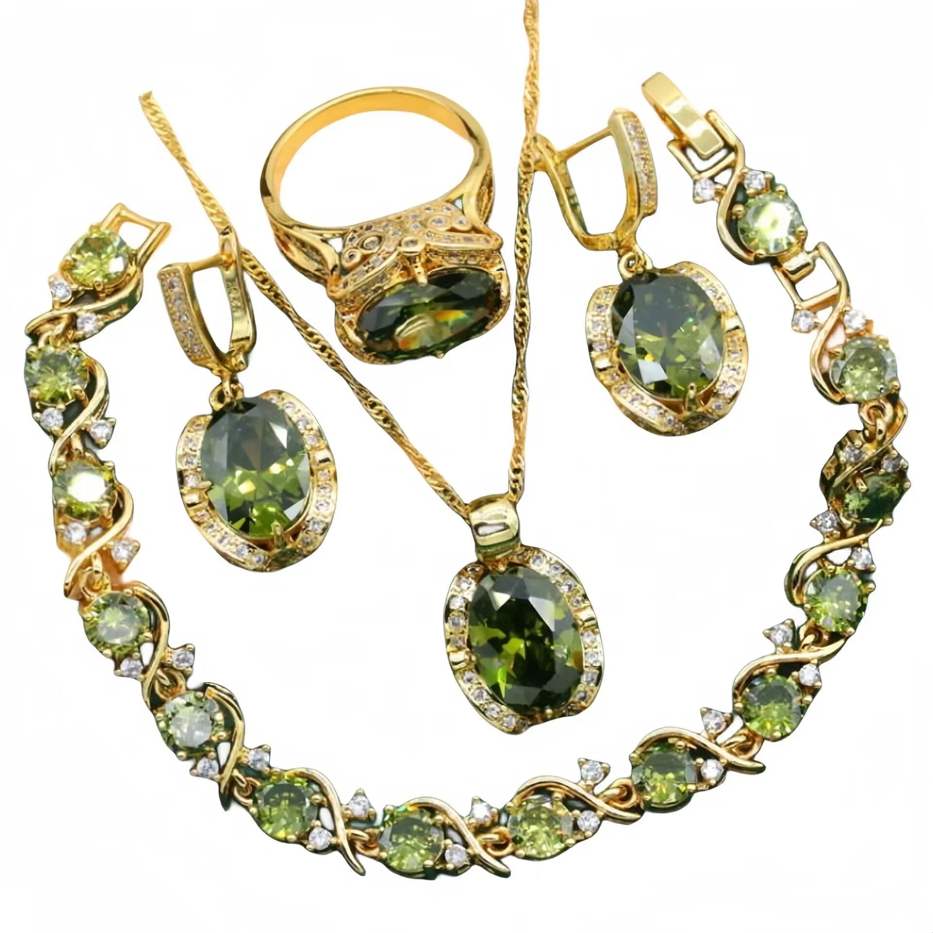 Full rhinestone zircon women's jewellery set with necklace, earrings, and ring on a snake bones chain.