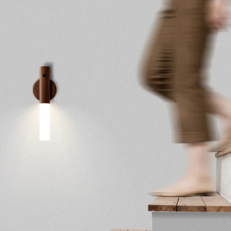 Smart sensor LED desk lamp with solid wood base showing compact design and warm white illumination
