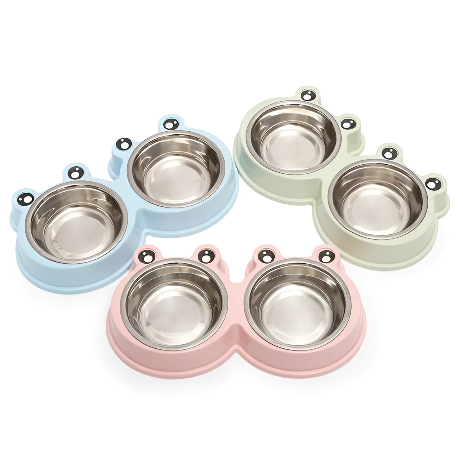 Stainless steel pet double bowl with frog design showing separate food and water compartments