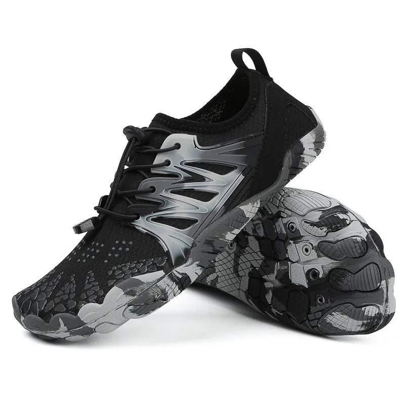Men's and women's quick-drying mesh beach shoes with lace-up front and non-slip rubber sole.