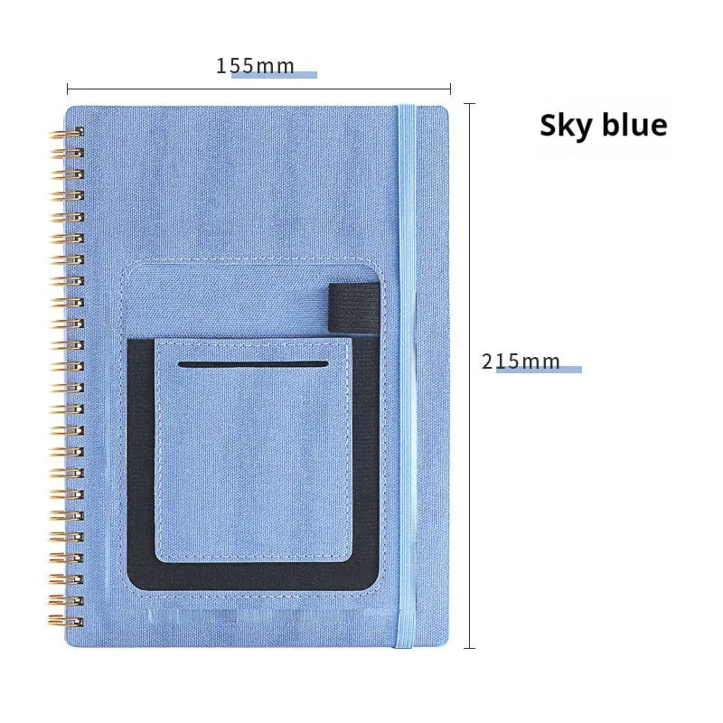Erasable coil notebook with customisable cover options on waterproof rock stone paper, shown with pen.