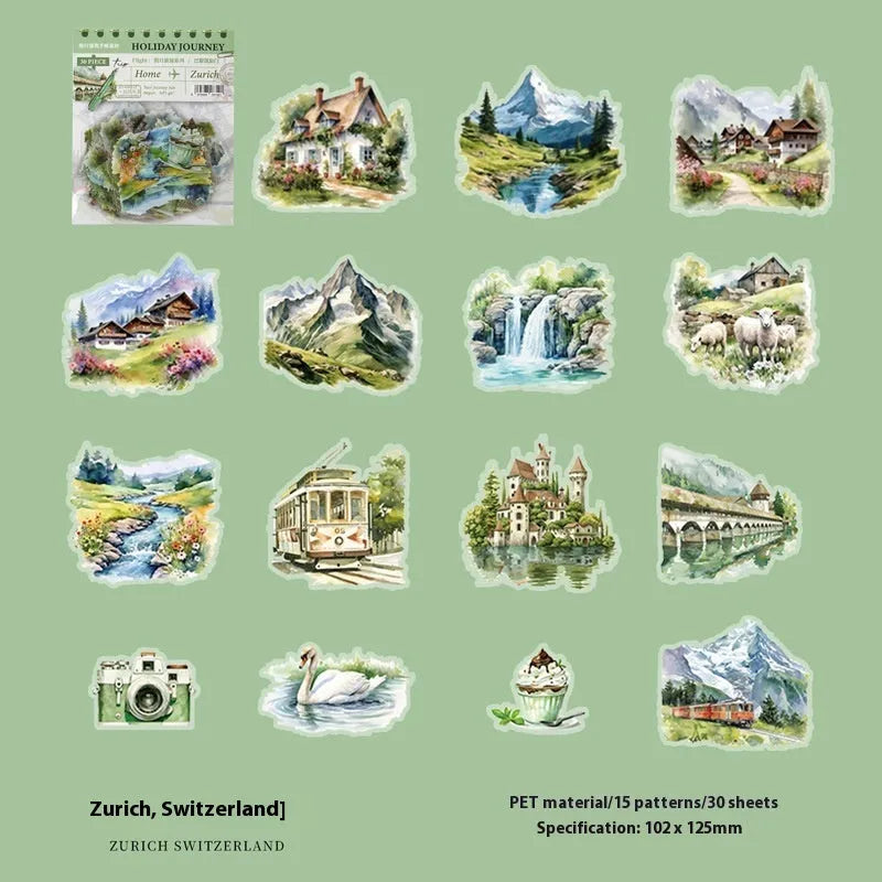 Architecture journal stickers with London Big Ben, Paris Arc de Triomphe and four other landmark designs in retro style
