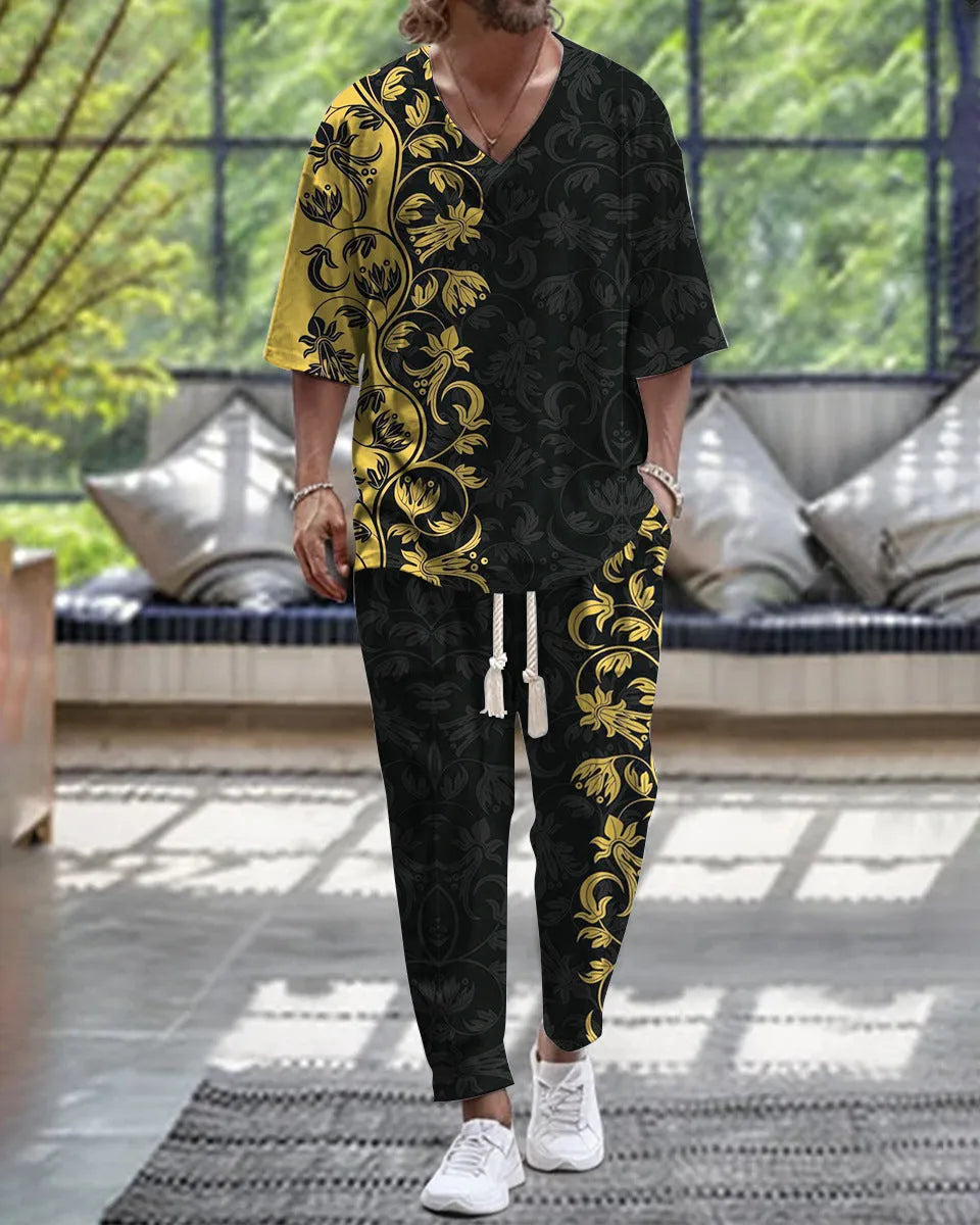Cropped sleeve V-neck jacket and matching trousers in polyester fabric