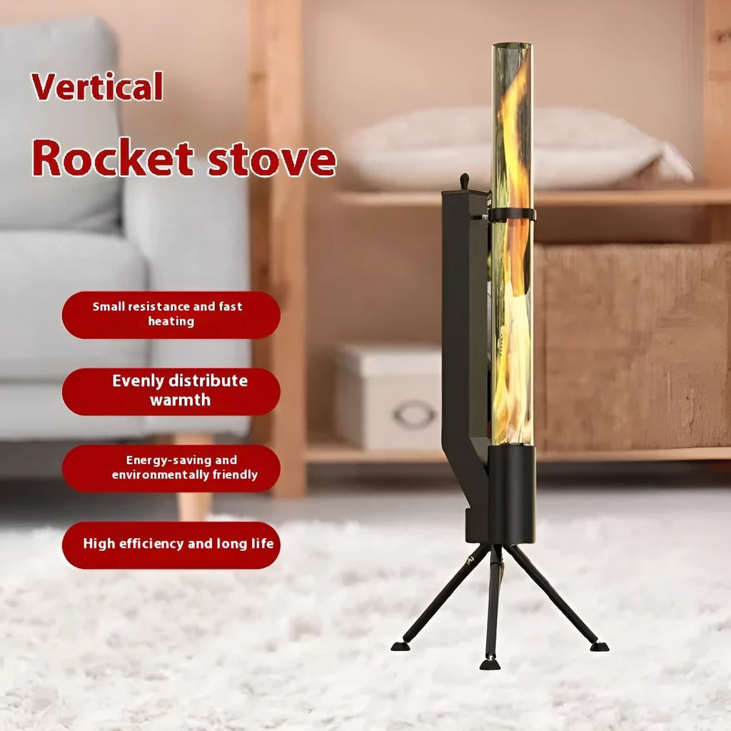 Vertical iron wood burning rocket furnace stove for courtyard heating and decoration.