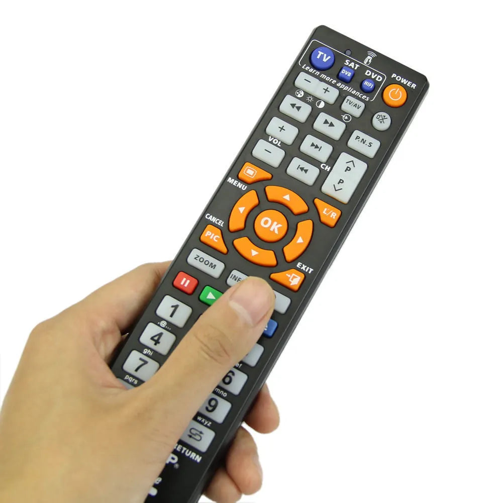 Black L336 learning remote control with infrared sensor and standard button layout
