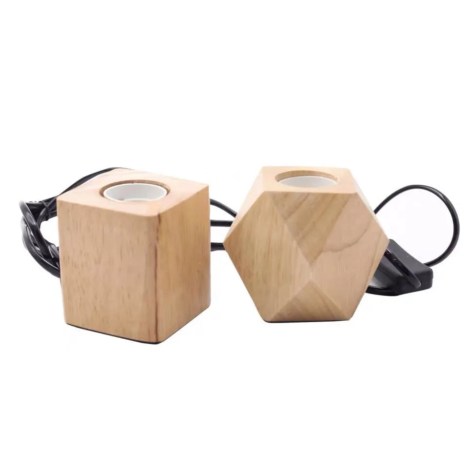 Retro wooden lamp holder with hanging wire in square and diamond shapes on a wood base.