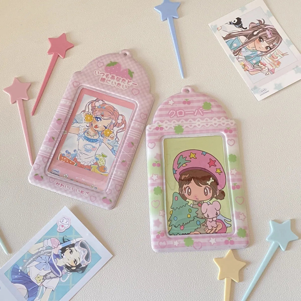 PVC cartoon meal card holder with strawberry or four leaf clover design for 3-inch cards