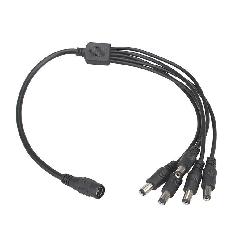 Black 12V DC monitoring power cord with one input and four output connectors for CCTV cameras