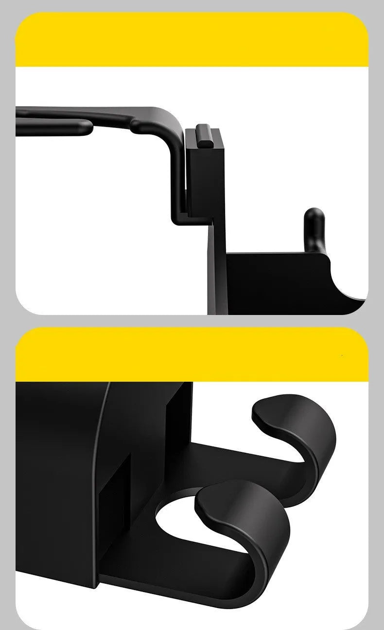 Black plastic car seat back organiser with cup holder and storage hook for vehicle interior