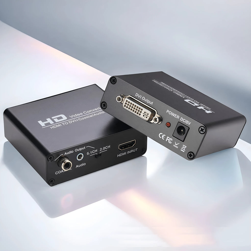 Black HDMI to DVI converter cable with 3.5mm audio output connector for monitor systems