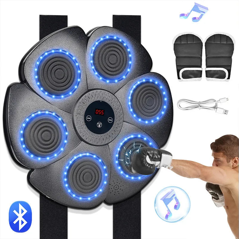Black smart music boxing wall target with LED lights and included half-finger Velcro glove.