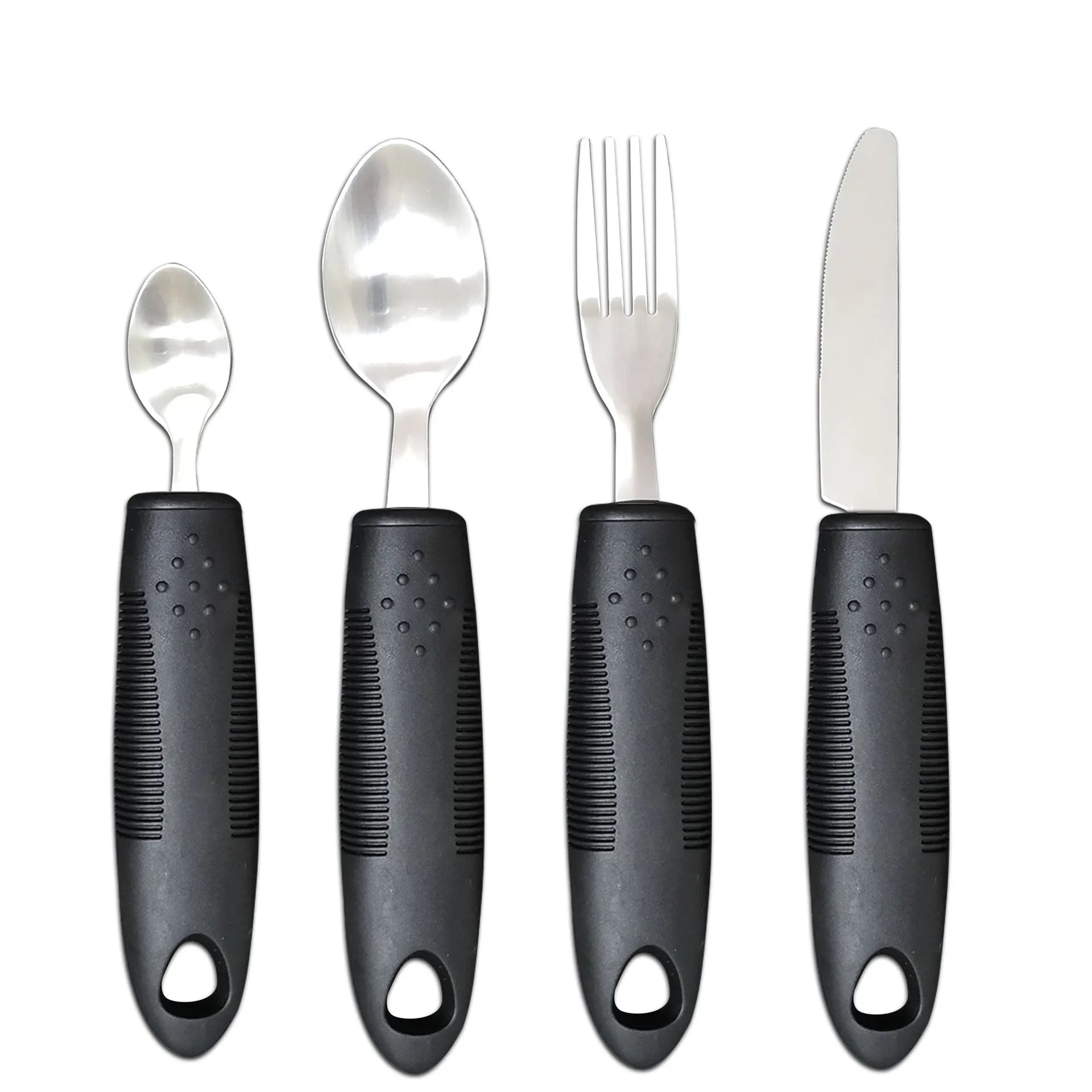 Stainless steel anti-shake cutlery set with rubber handles for adult mealtime assistance