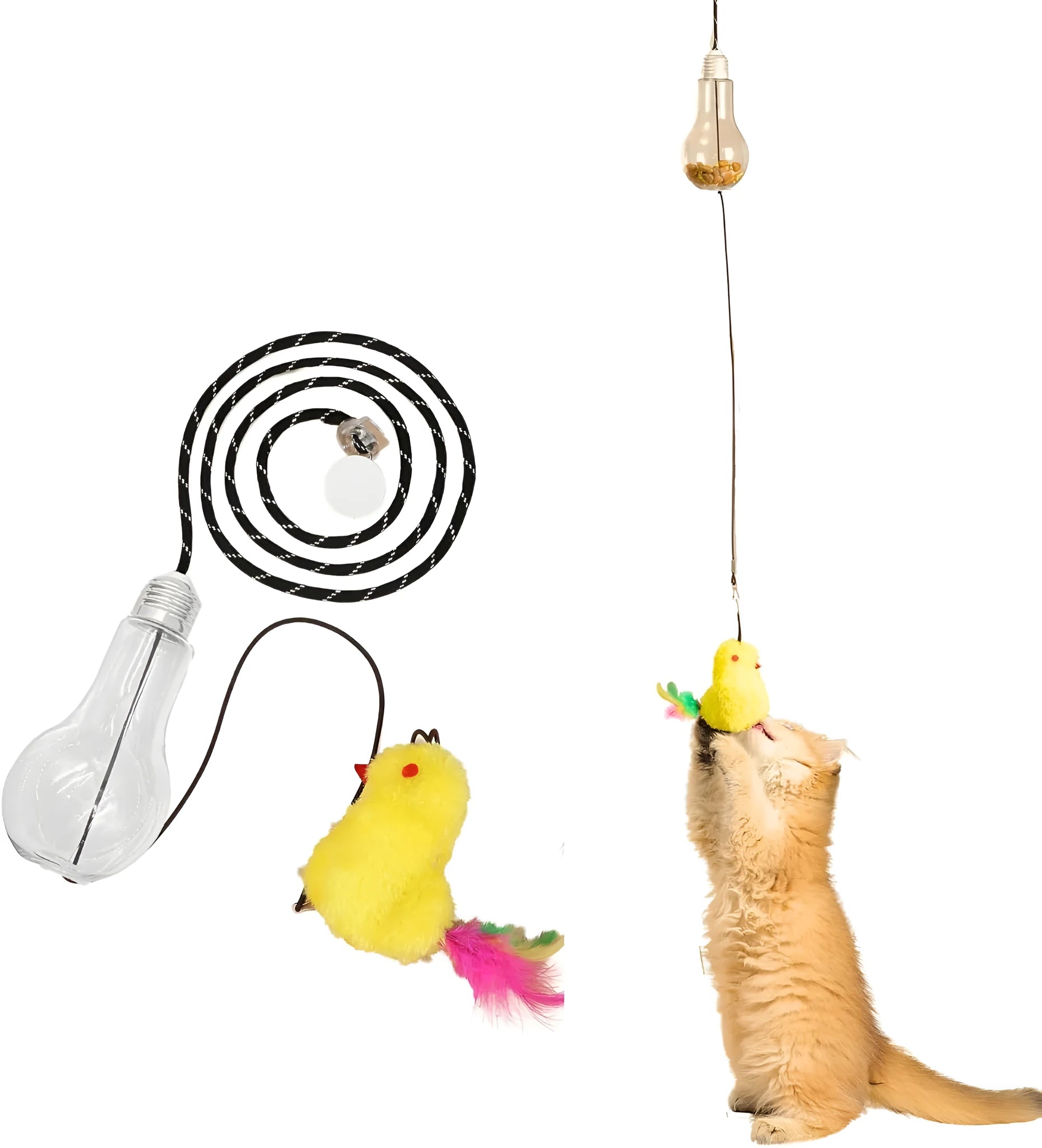 Interactive cat toy with elastic cord, dangling mouse and chicken toys, and treat dispenser bulb