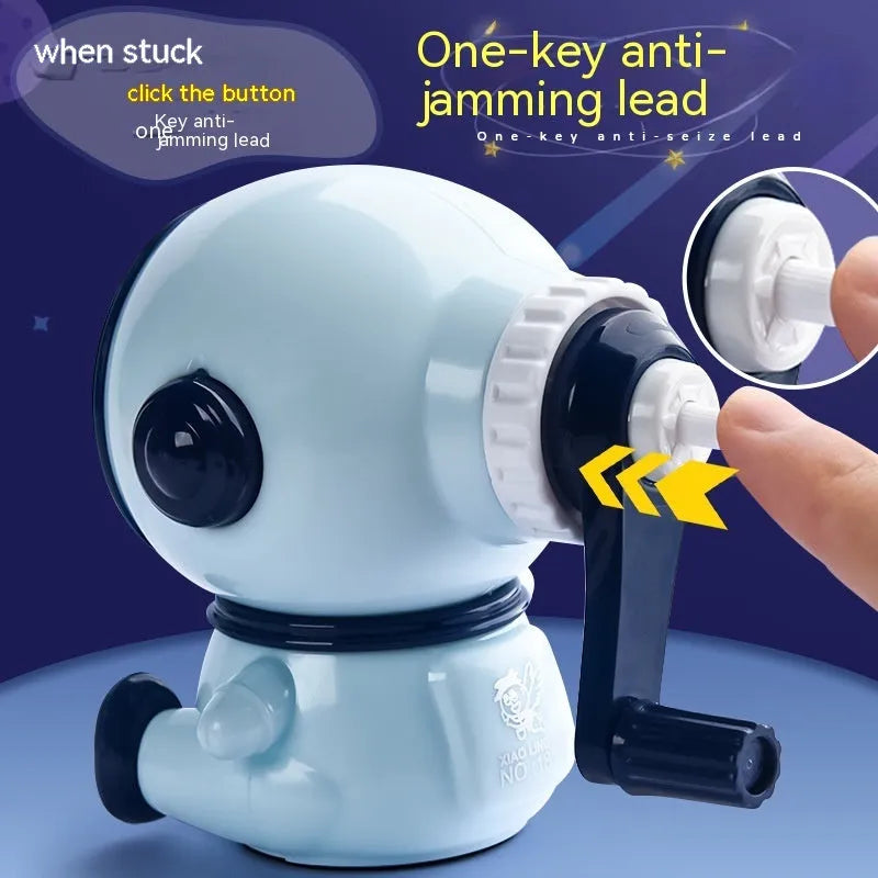 Cartoon astronaut pencil sharpener in blue or pink colours with manual operation