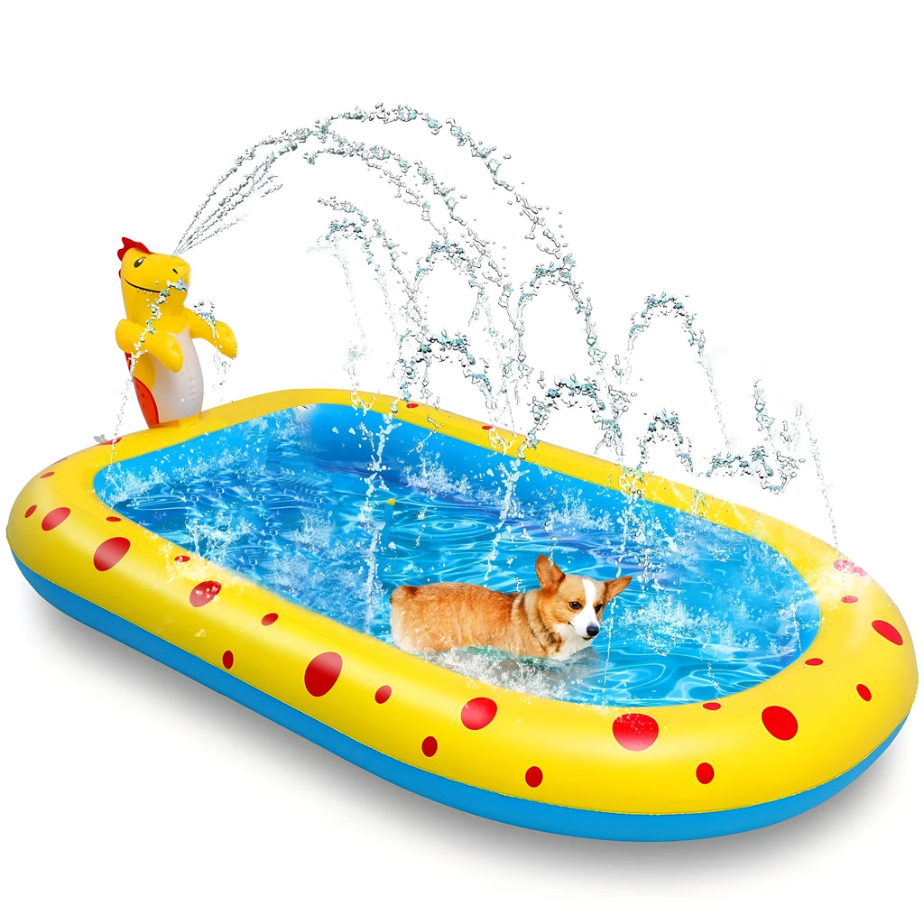 Blue dinosaur-themed inflatable water spray pool measuring 170 cm long for kids and pets