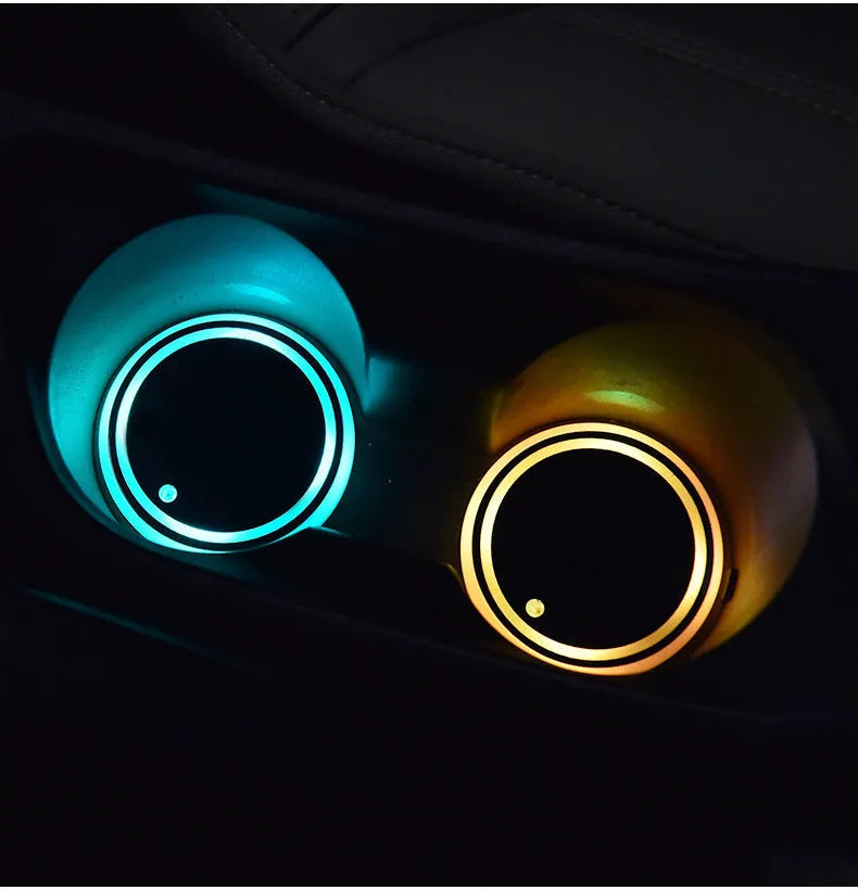 68mm car cup holder LED coaster with multicolour lighting and USB charging cable