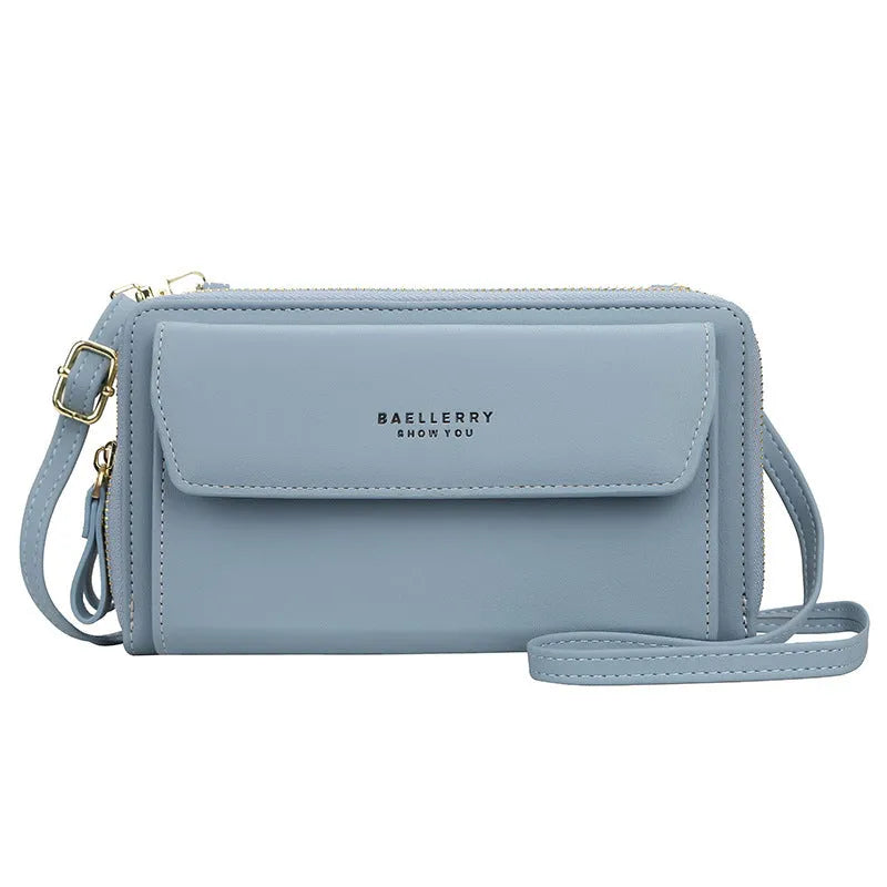 Soft PU leather ladies long wallet with double zipper in horizontal square messenger bag design