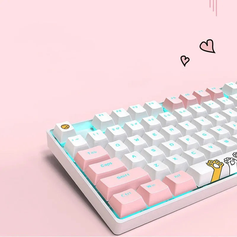 87-key RGB green shaft mechanical keyboard with metal panel, pink and white colour, and cotton hand rest