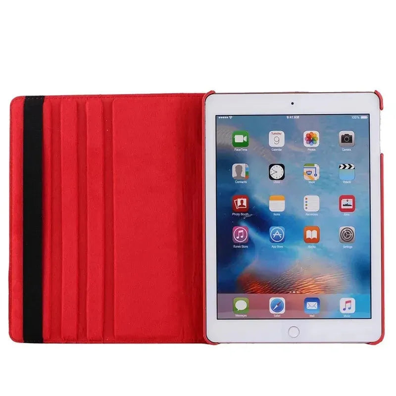 iPad Pro rotating protective sleeve in imitation leather showing clamshell design with twelve colour options