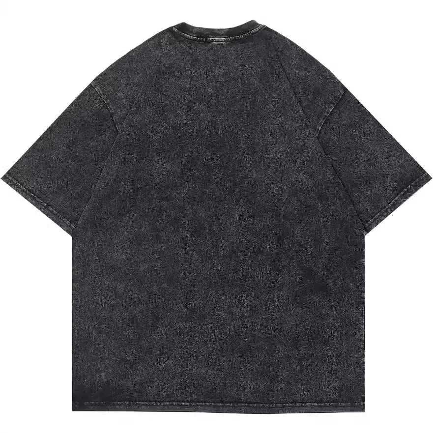Men's washed black cotton t-shirt with retro cartoon print design and loose fit short sleeves