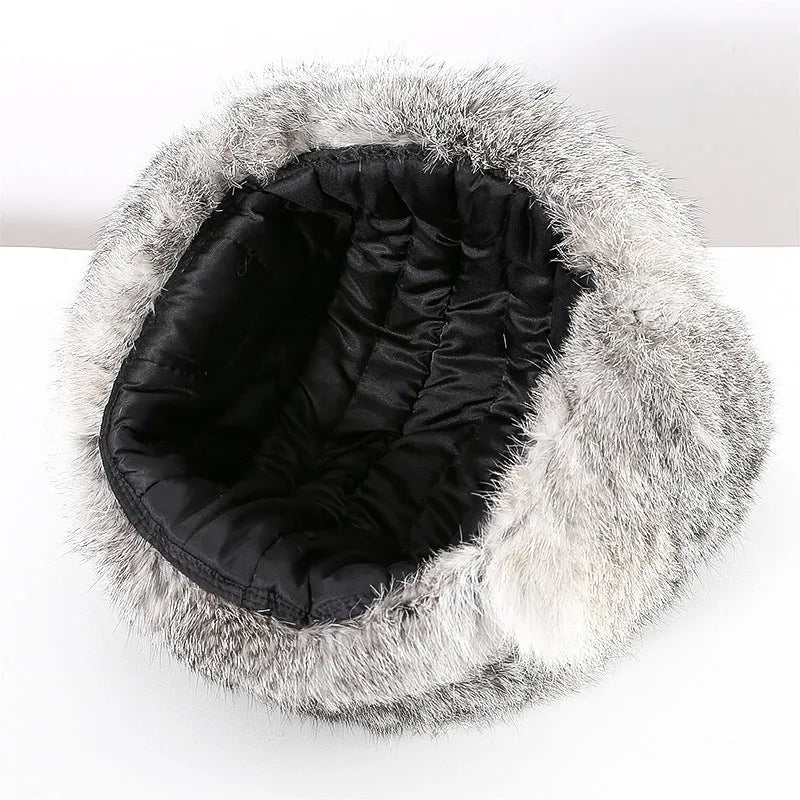 Rabbit fur unisex thickened winter hat with retro dome crown in black cloth black hair colour