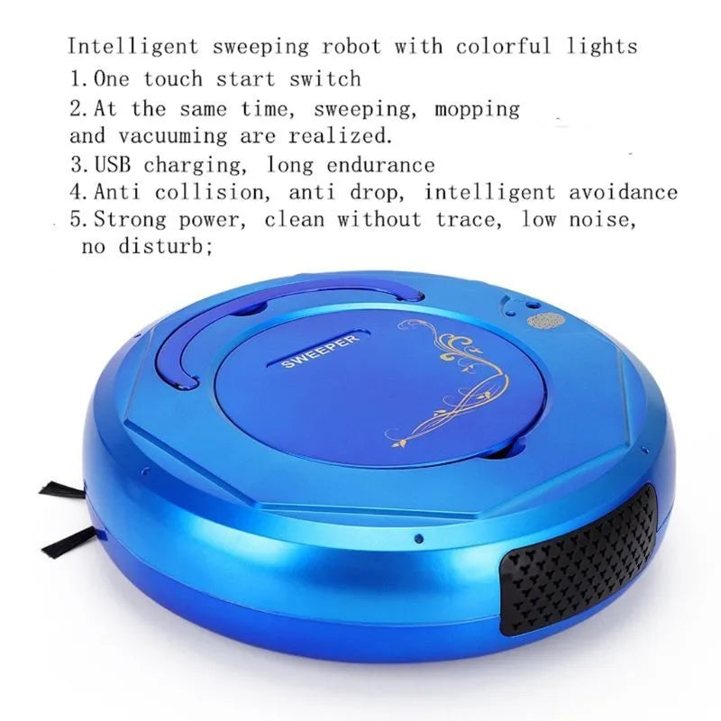 Blue robotic vacuum cleaner on hardwood floor with charging cable and cleaning accessories