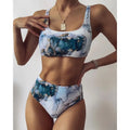 Women's marble tie-dye high waist bikini with U-neck top in blue colour variation