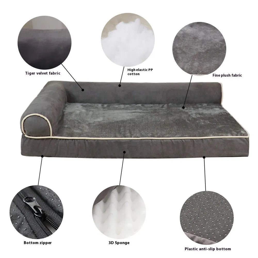 Solid colour cloth pet bed for dogs in khaki, shown on a floor with a size label