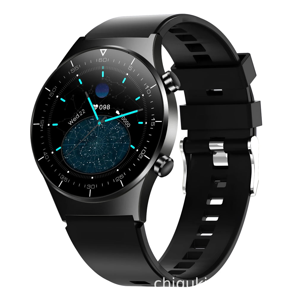 Black smart watch with TPU wristband showing 1.3 inch screen displaying heart rate and blood pressure readings