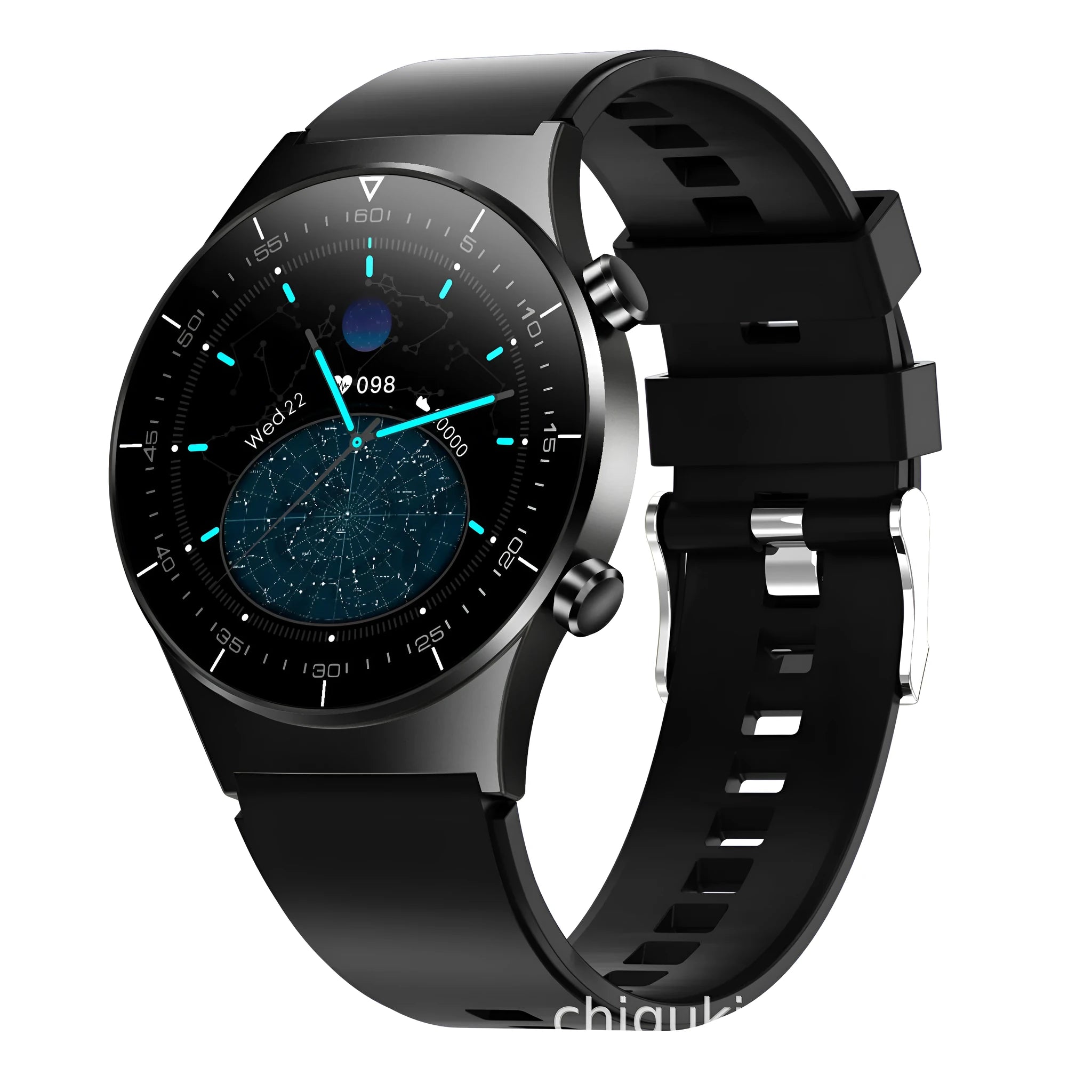 Black smart watch with TPU wristband showing 1.3 inch screen displaying heart rate and blood pressure readings