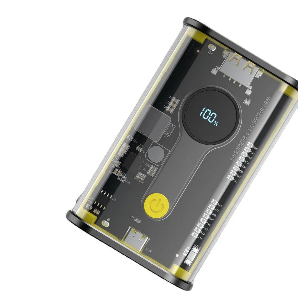 Transparent cylindrical aluminium 10000mAh power bank showing internal batteries with multiple USB ports