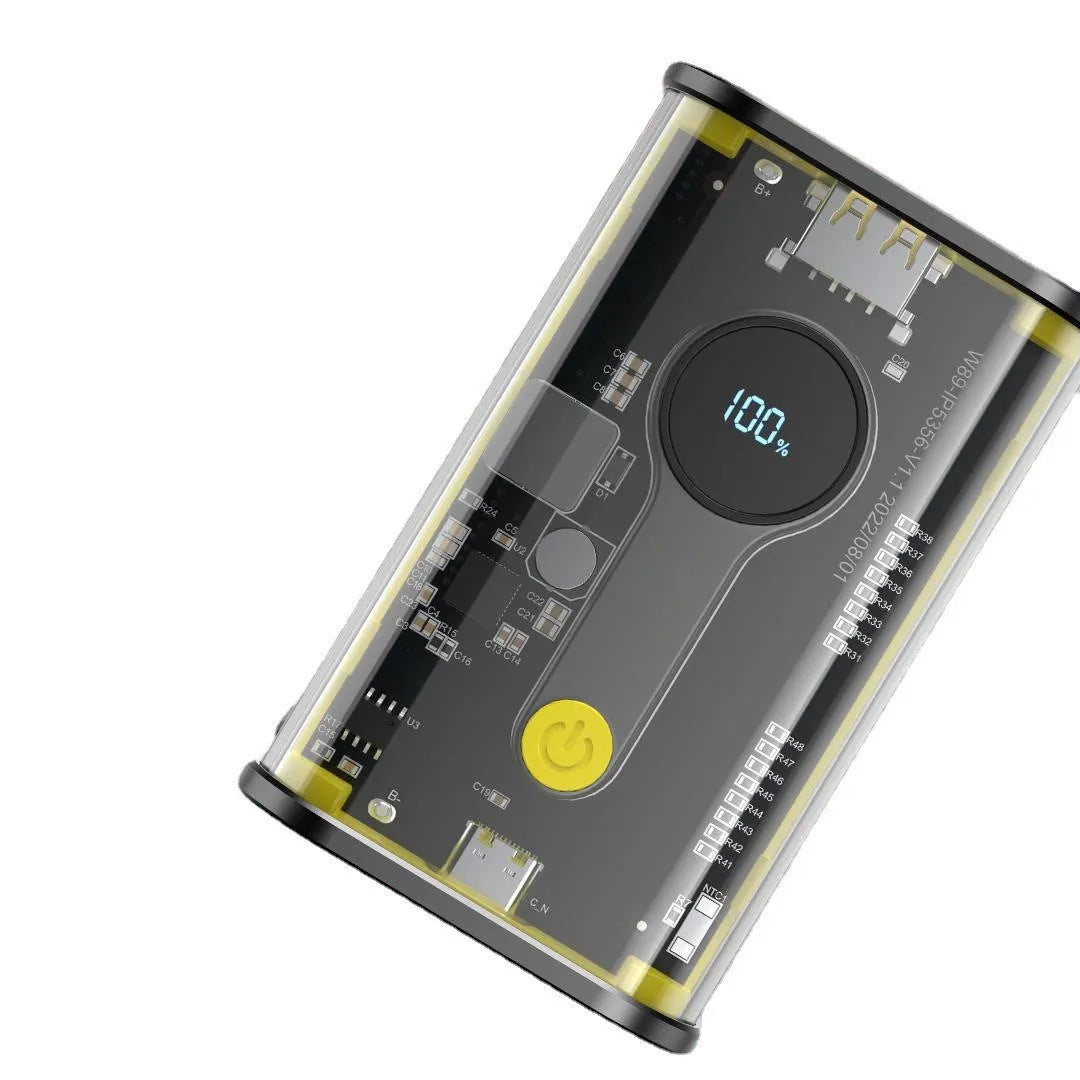Transparent cylindrical aluminium 10000mAh power bank showing internal batteries with multiple USB ports