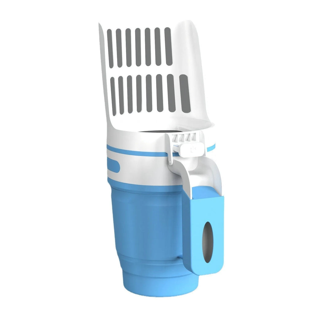 Grey cat litter scoop system with integrated waste bin and foldable base, shown beside a litter tray.