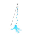 Colourful cat teaser stick with acrylic pompons and feather attachments measuring 31cm long