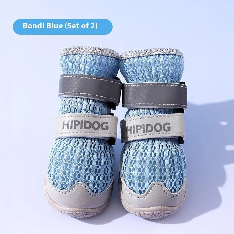 Cartoon style summer dog shoes with anti-scald protection in Bondi Blue and Dean Green colours