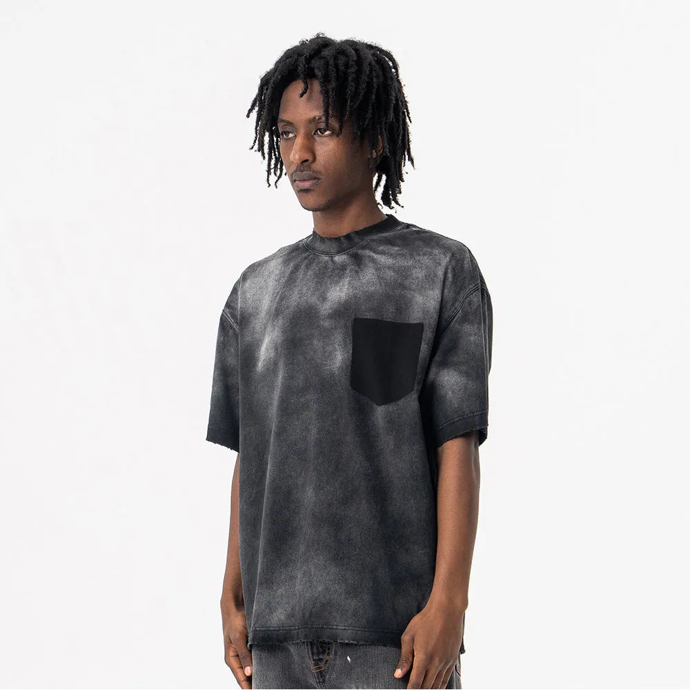 Men's black cotton T-shirt with white printed letters pattern and drop-shoulder sleeves