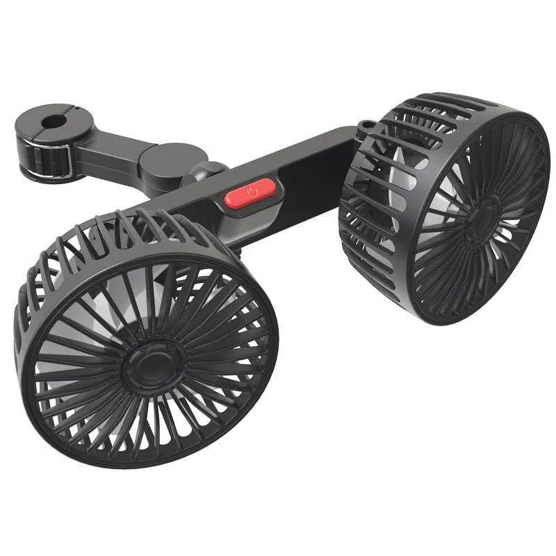 Black USB-powered car rear seat fan mounted on headrest with adjustable controls