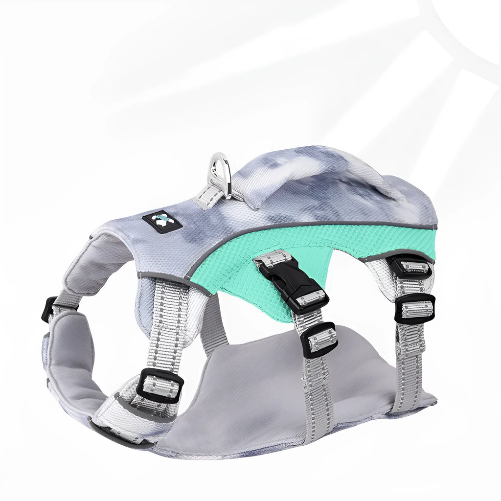 Reflective light blue dog cooling chest strap made of polyester fabric on a dog.