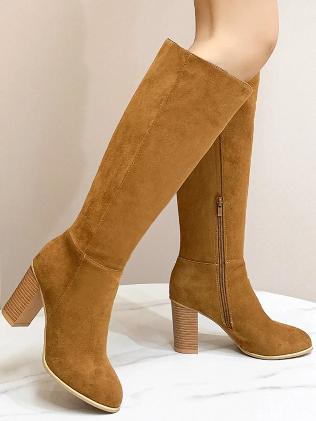 Women's square toe high heel boots in black artificial PU leather with dark brown colour option