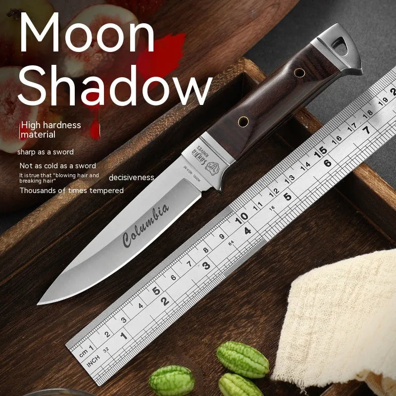National style stainless steel camping fruit knife shown with its leather carry case.