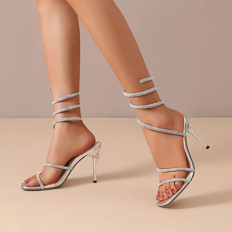 Rhinestone snake-shaped winding tape hollow stiletto heel sandals for women, square toe, PU upper, black colour