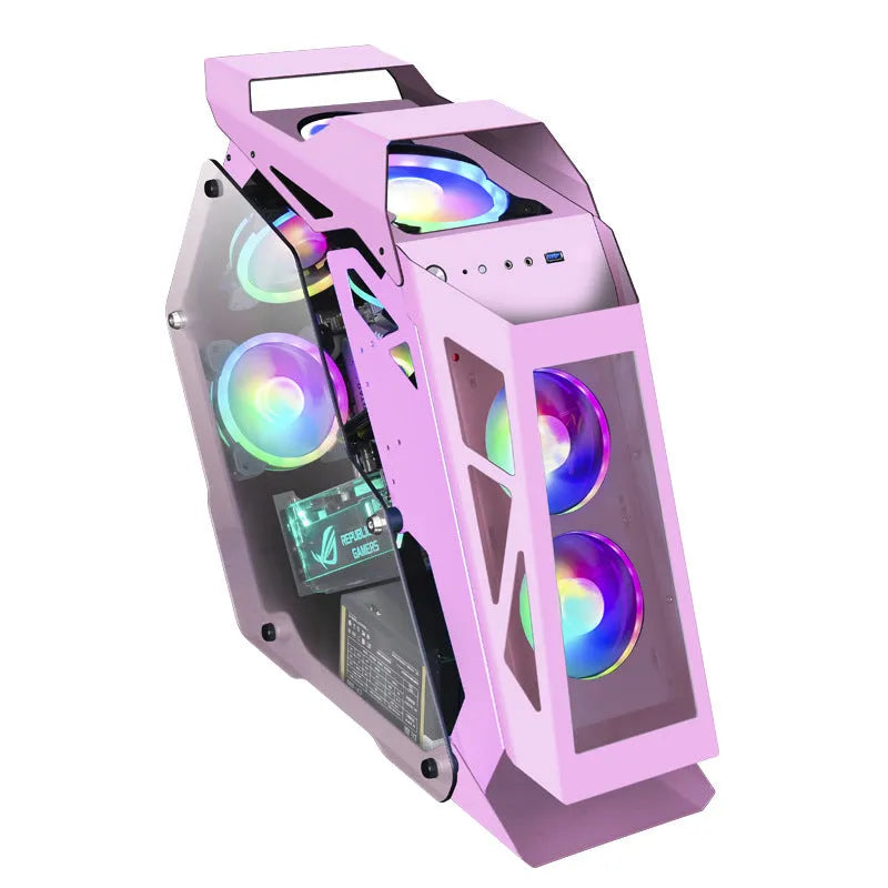 Table-type e-sports computer case metal chassis with RGB fan lighting on a desk