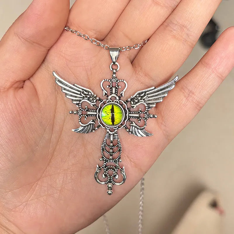 Creative devil wings cross necklace with geometric pendant in alloy metal showing colour options