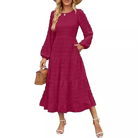 Women's high waist long sleeve dress with ruffled sleeves in beige colour.