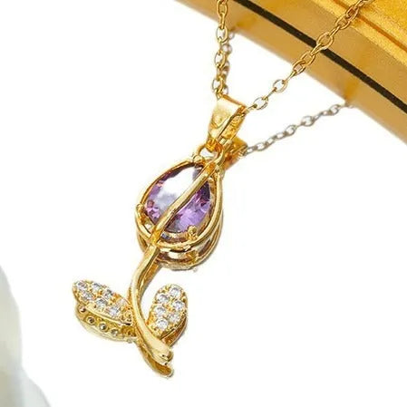Zircon tulip flower necklace for women in gold colour on adjustable titanium steel chain.