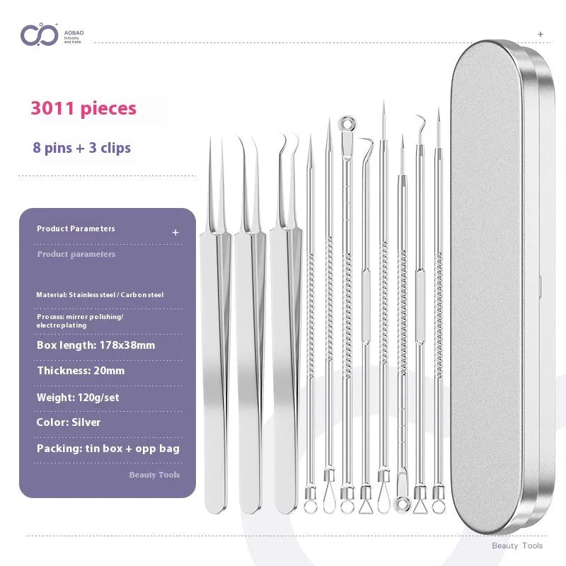 Four silver metal acne needles with ultra-fine pointed tips for skincare extraction.