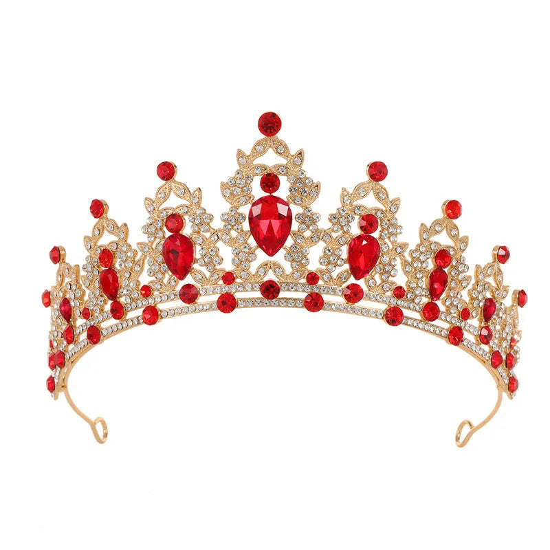 Baroque-style bride crown headdress made of alloy with rhinestone decoration in silver and gold colour options.